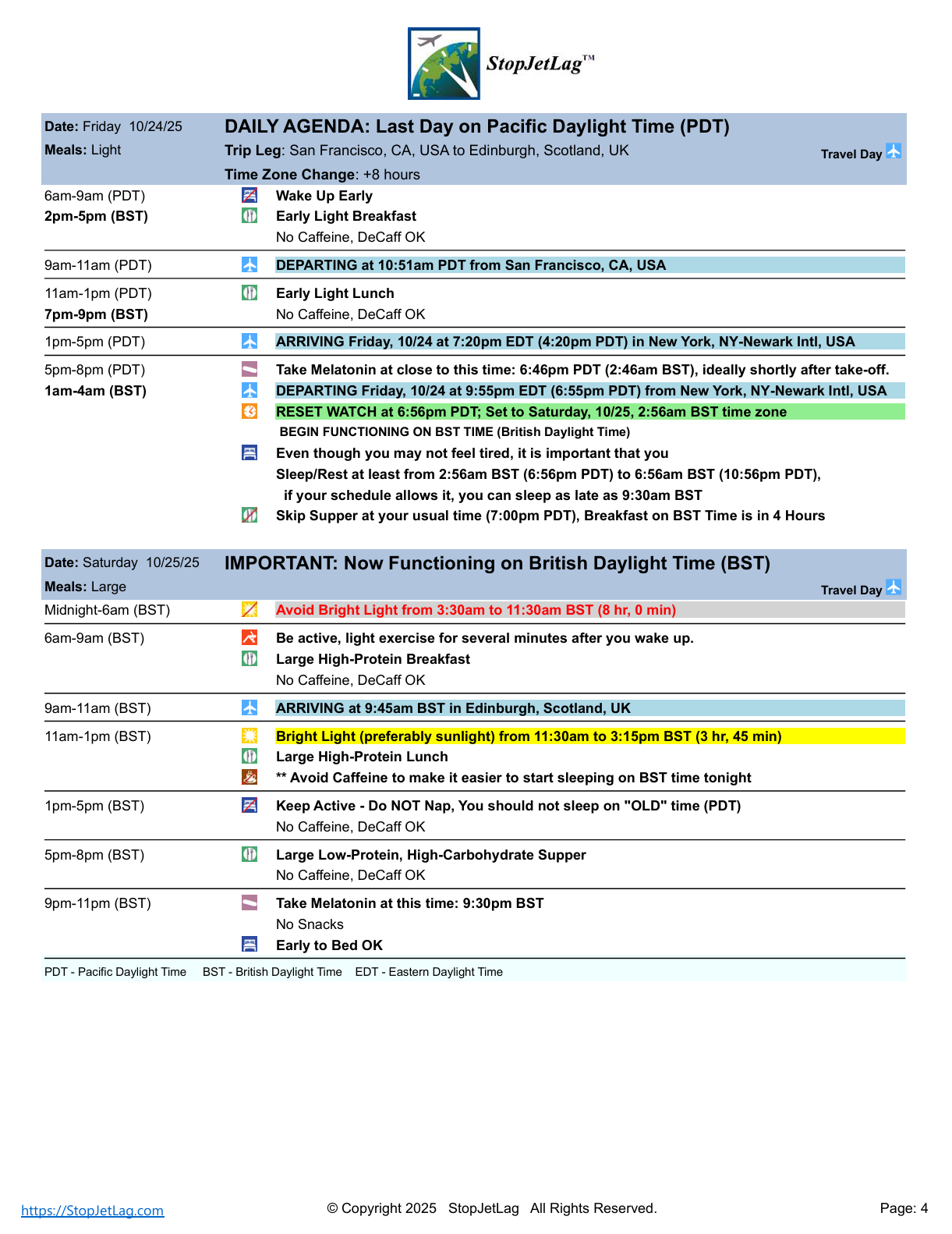 StopJetLag VIP Plan time change day instructions
